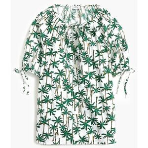 J. Crew Poplin Button Front Palm Tree Short sleeve Bow Tie‎ Top Size Large